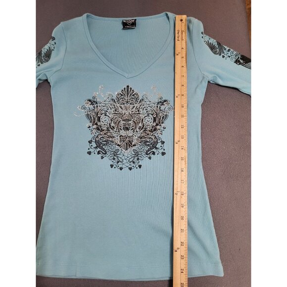 VTG 90's y2k Grunge Cyber Streetwear Blue Ribbed Top Embellished Sledge USA XL - Picture 6 of 9